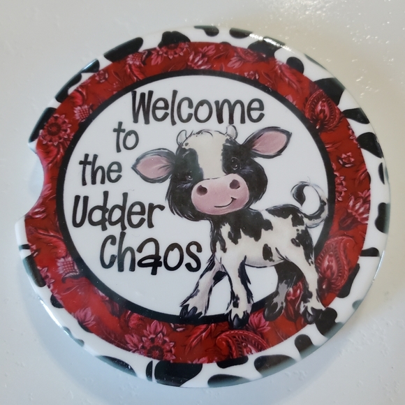 Set Of 2 Ceramic Car Coasters Welcome to the Udder Chaos Cow - Picture 5 of 6